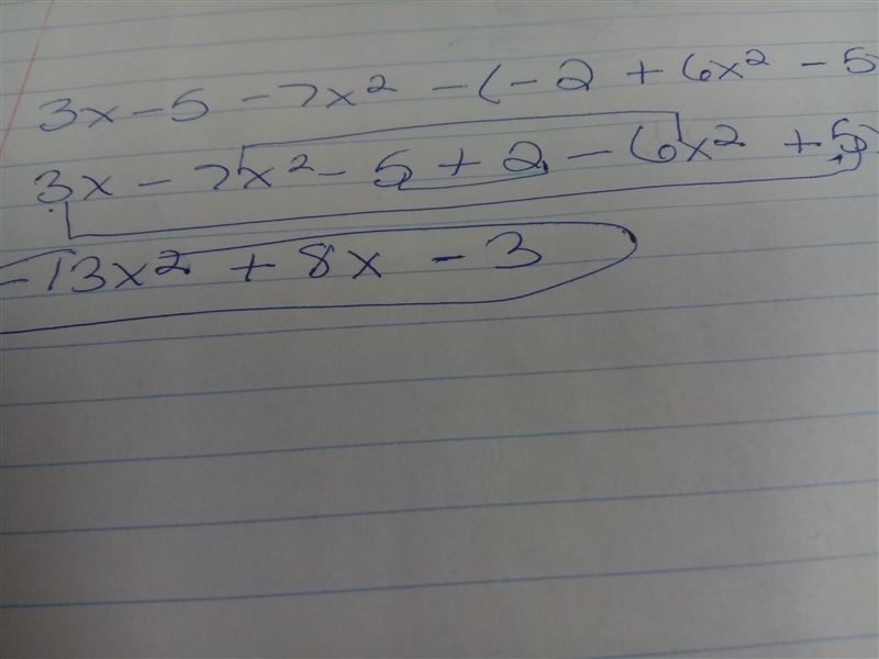 Subtract polynomials: (3x - 5 - 7x^2) - (-2 + 6x^2 - 5x) Rewrite the polynomials without-example-1