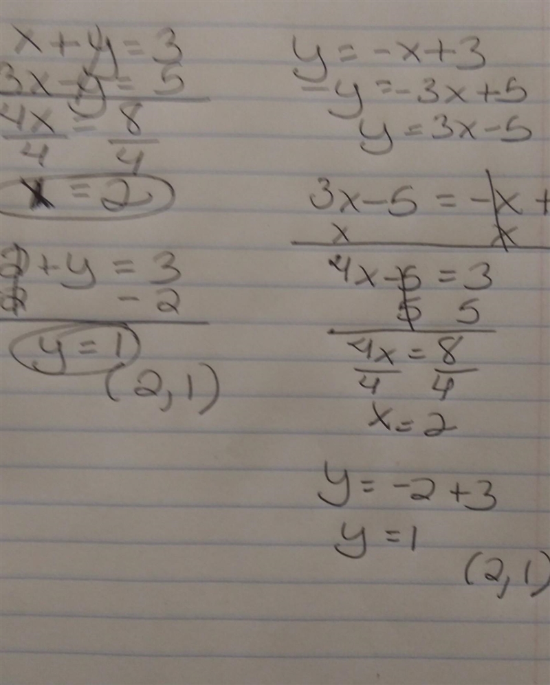 1. Consider the system of equations consisting ol' x + y = 3 and 3x - y = 5. Solve-example-1