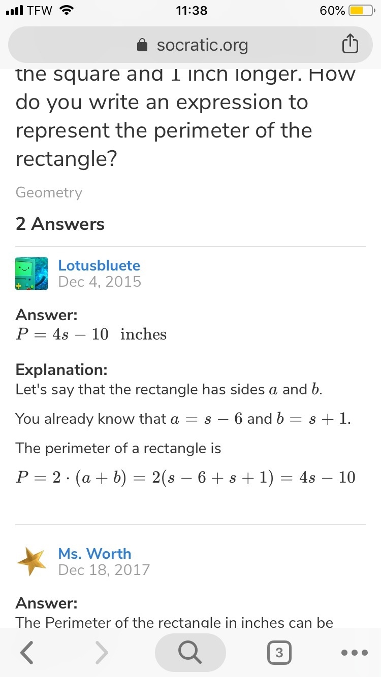 A square had sides of length s. A rectangle is 6 inches shorter than the square and-example-1