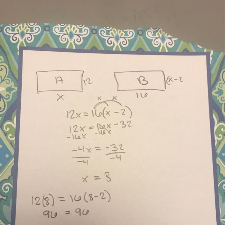 Rectangle A has a width of 12 and a length of x. Rectangle B has a width of (x-2) and-example-1