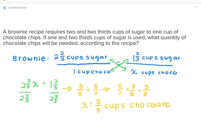 A brownie recipe requires two and two thirds cups of sugar to one cup of chocolate-example-1