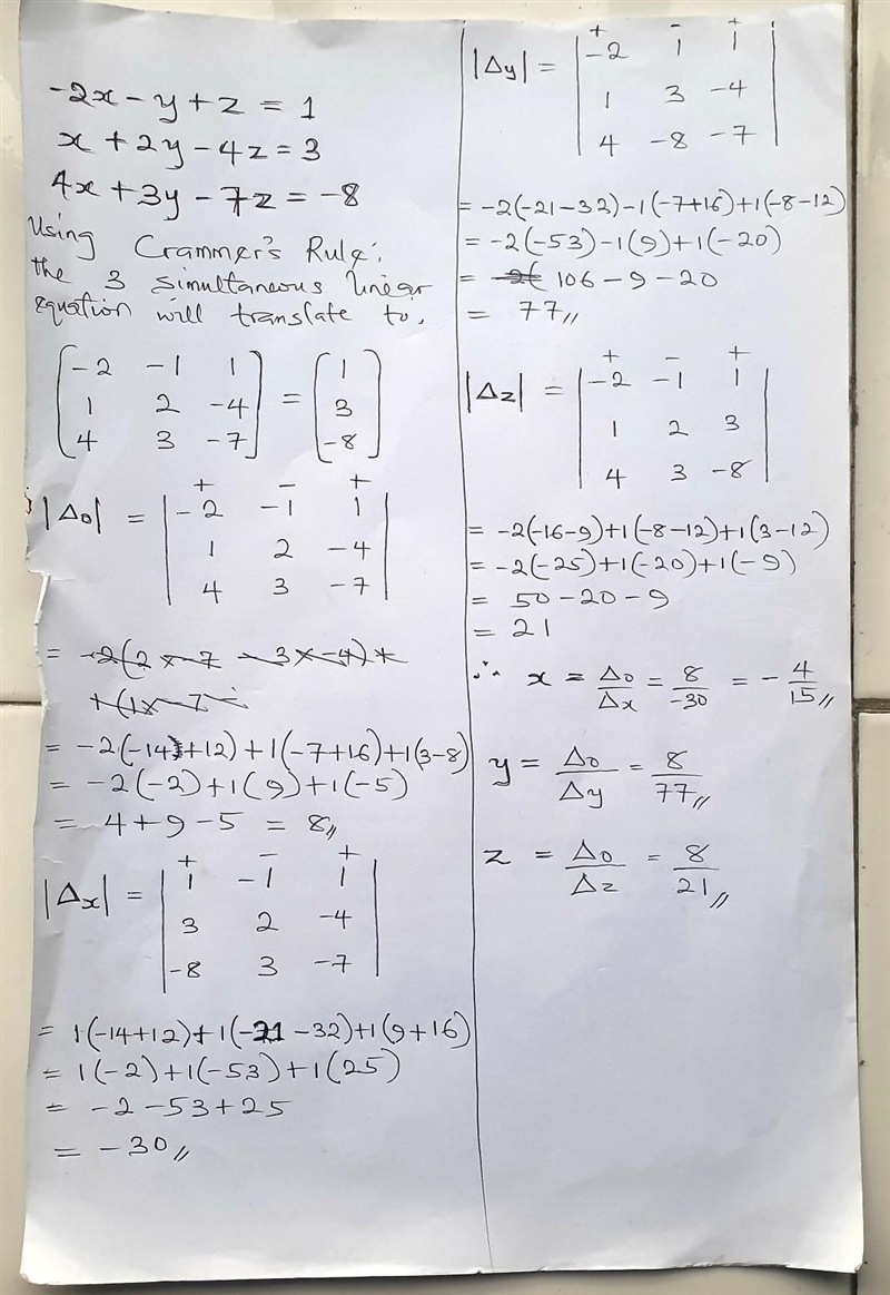 -2x – y + z = 1 x + 2y - 4z = 3 4x + 3y - 7z = -8-example-1