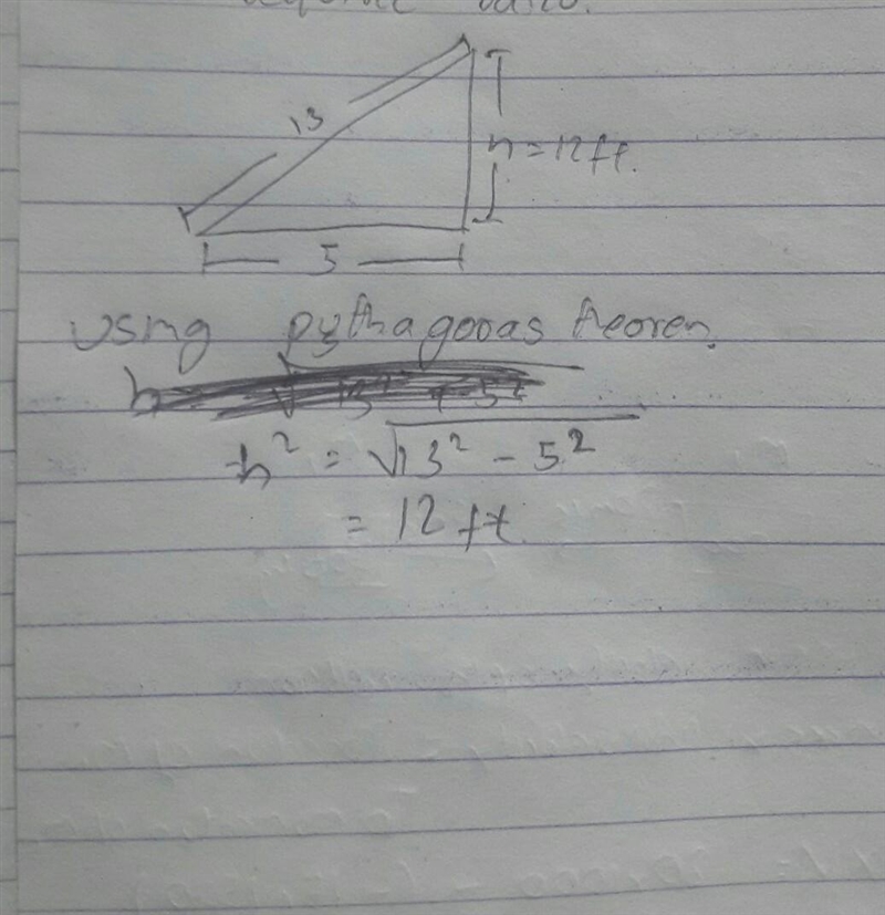 The base of a 13 foot ladder is 5 feet away from the wall. How far up the wall does-example-1