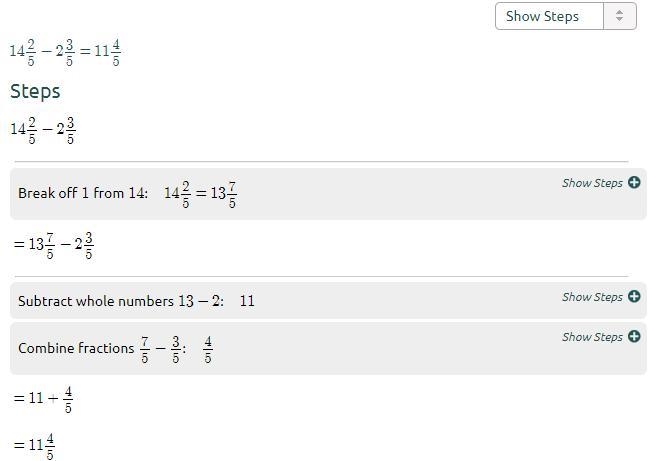 Subtract: 14 2/5 - 2 3/5 = ?-example-1