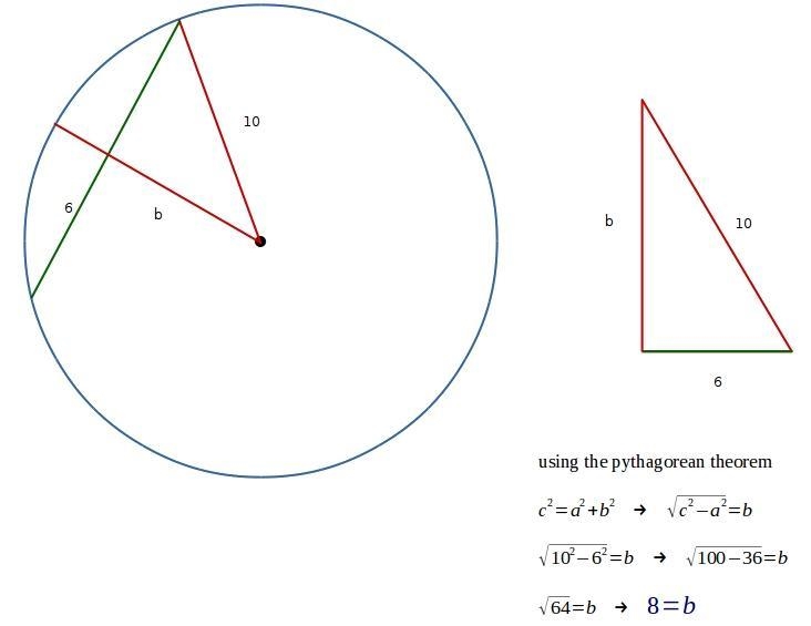 A chord of a circle is 12cm long.The radius of the circle is 10cm.calculate the distance-example-1