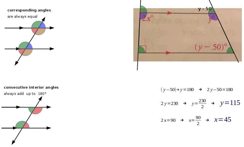 Please explain how to Find the value of x and y. Then find the measures of the angles-example-1