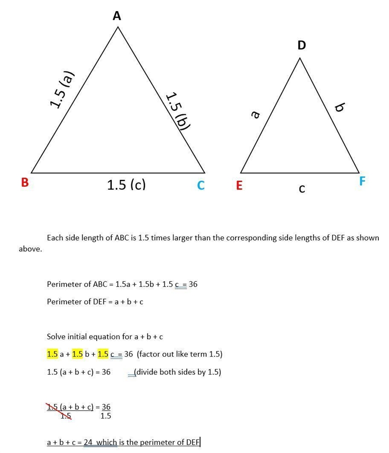 Triangle ABC ≅ DEF. Each side of triangle ABC is 1.5 times longer than the corresponding-example-1