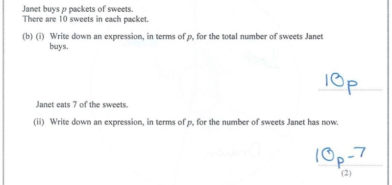 Janet eats 7 of the sweets. (ii) Write down an expression, in terms of p, for the-example-1