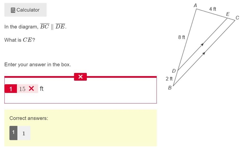 N the diagram, BC¯¯¯¯¯∥DE¯¯¯¯¯ . What is CE ? Enter your answer in the box. A triangle-example-1