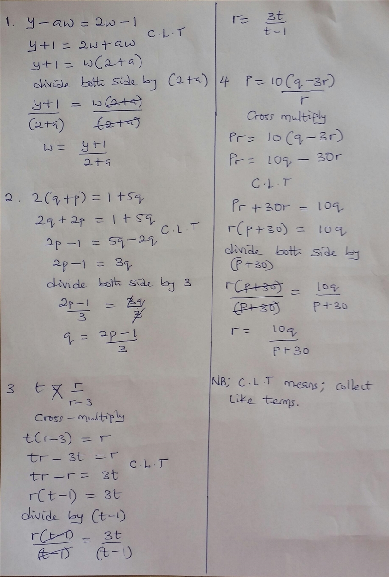 Can you plz tell me the answer to: 1. Make w the subject of y-aw=2w-1 2. Make q the-example-1