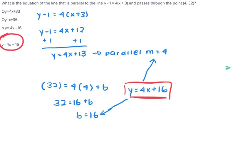 What is the equation of the line that is parallel to the line y - 1 = 4(x + 3) and-example-1