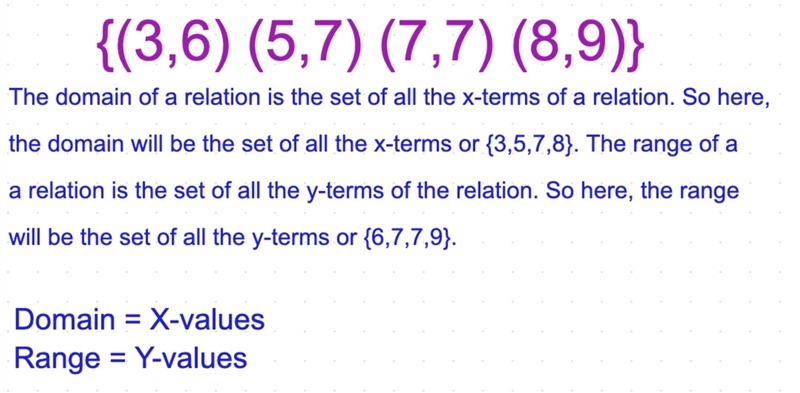 What is the range and domain of {3,6) (5,7) (7,7) (8,9)}-example-1