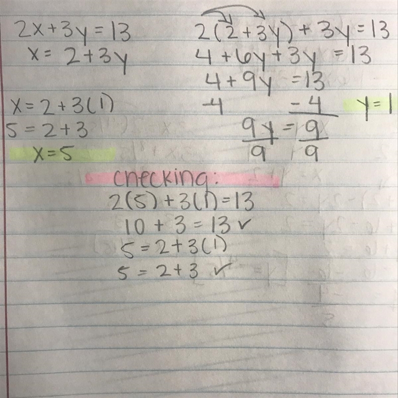 Solve the system of equations: 2x + 3y = 13 x = 2 + 3y-example-1