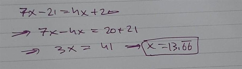 7(x -3)=4(x+5) solve for X thanks!!-example-1