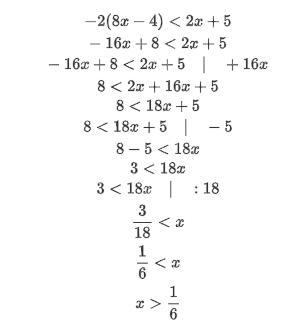 What is the solution to –2(8x – 4) < 2x + 5?-example-1