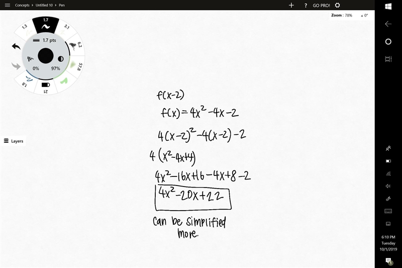 Evaluate f(x - 2) when f(x) = 4x² - 4x – 2-example-1