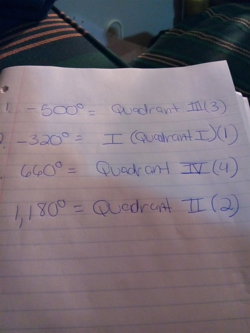 Match the angle with the quadrant in which it terminates. 1. -500° 2. -320° 3. 660° 4. 1,180° I-example-1