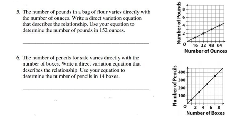 The number of pounds in a bag of flour varies directly with the number of ounces. Write-example-1