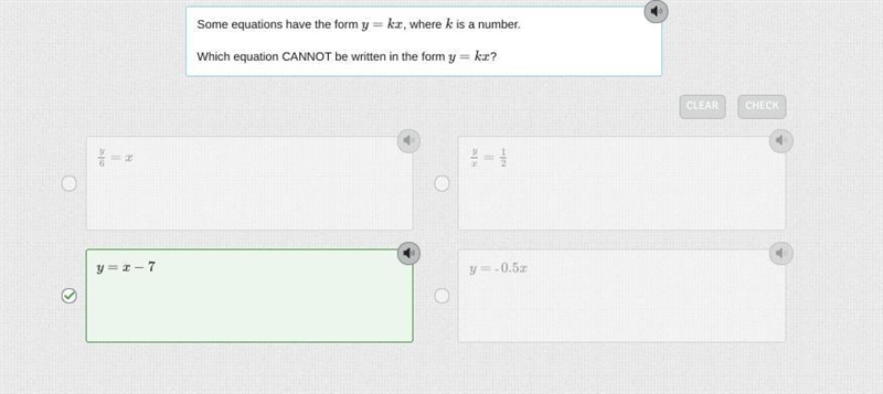 Some equations have the form y=kx, where k is a number. Which equation CANNOT be written-example-2