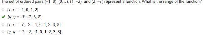 The set of ordered pairs (-1,8), (0, 3), (1, -2), and (2-7) represent a function. What-example-1