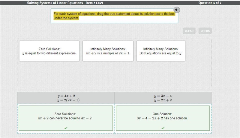 For each system of equations, drag the true statement about its solution set to the-example-1