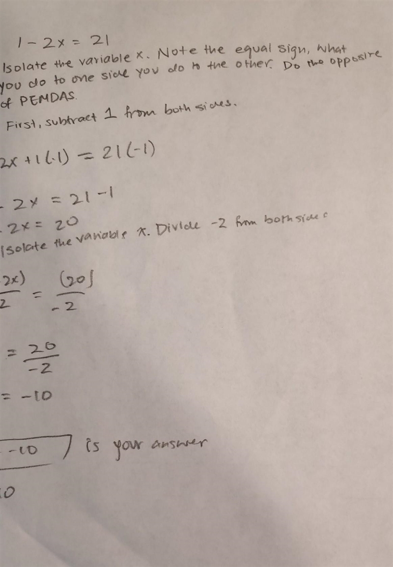 What is x in equation 1-2x=21-example-1