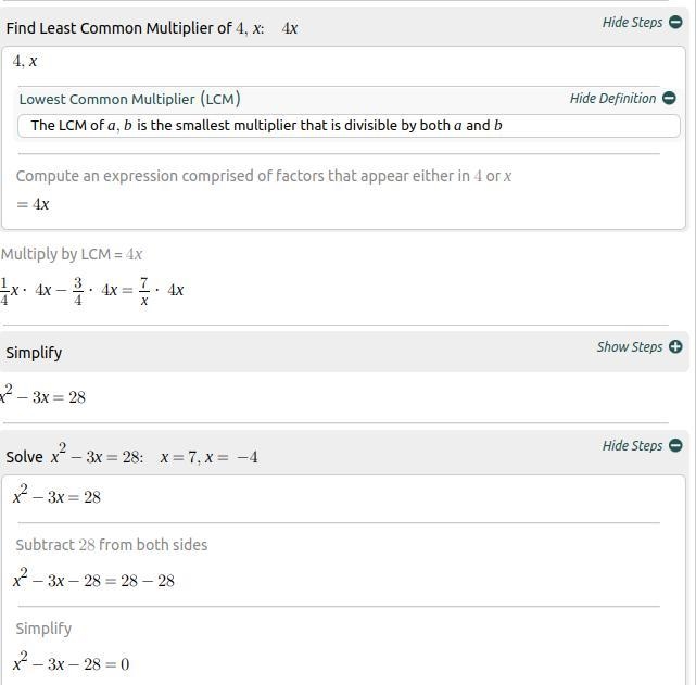 Solve the following rational equation for x. 1/4x - 3/4 = 7/x-example-1