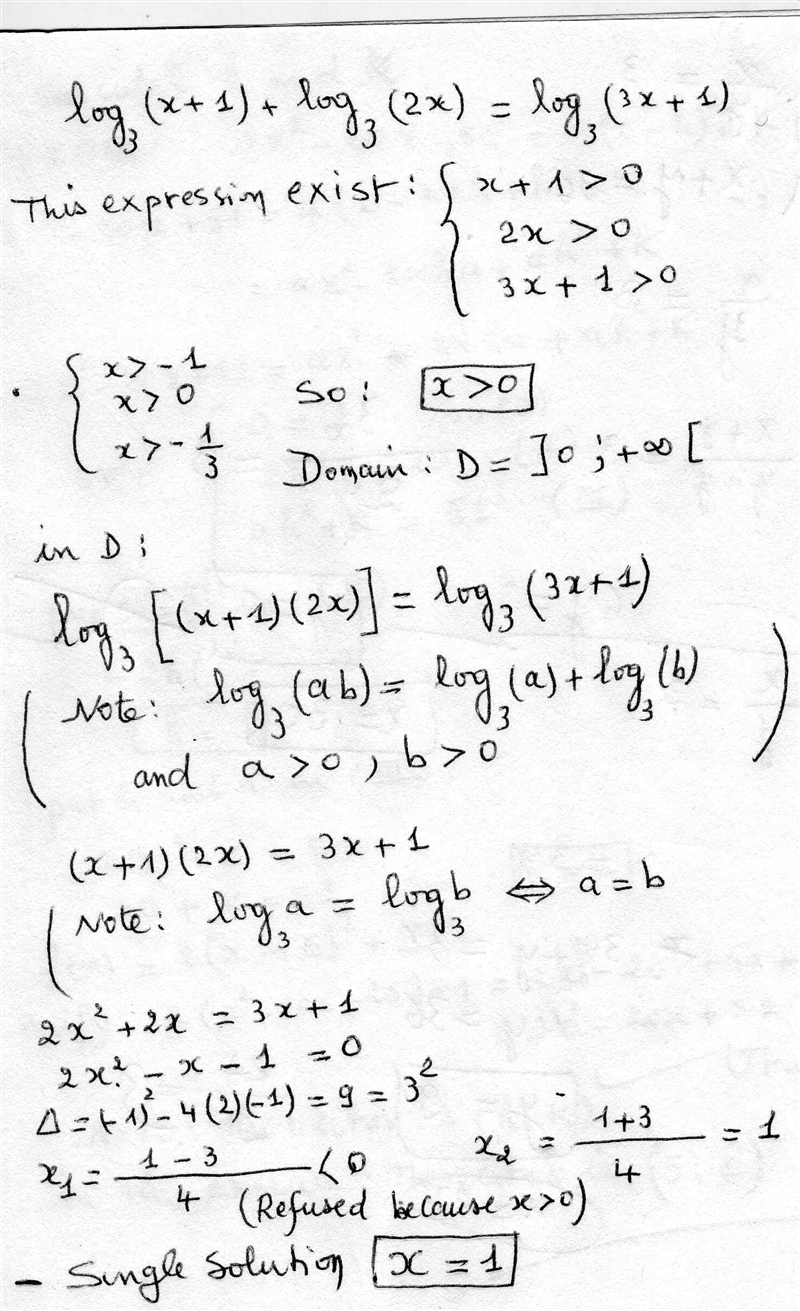 Log3 (x+1)+log3 2x= log3 (3x+1)​-example-1