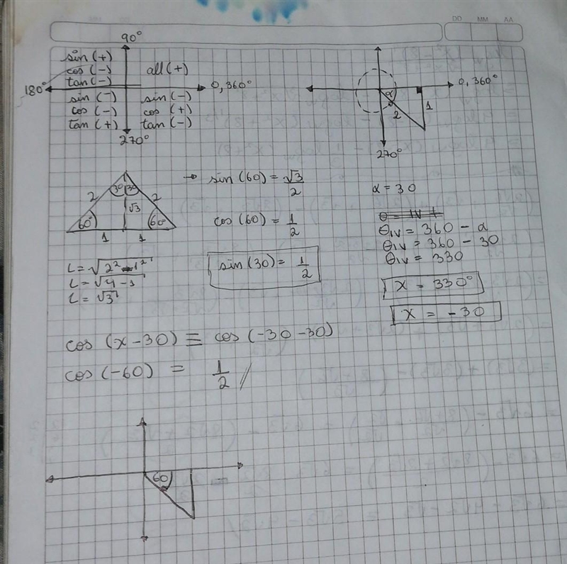 If sin x = -1/2, and 270° < x < 360°, what is cos(x - 30°)?-example-1