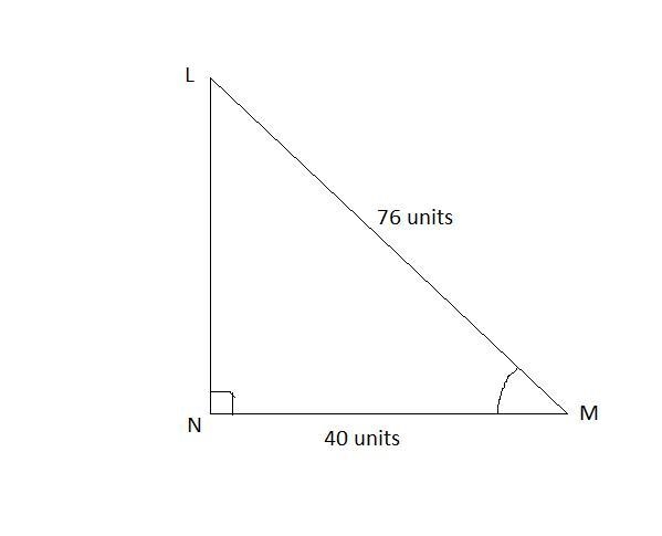 In ΔLMN, ∠N is a right angle, LM = 76 units, and MN = 40 units. What is the approximate-example-1