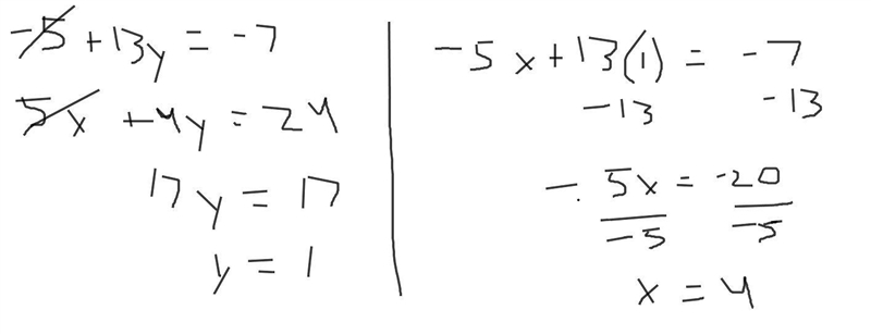 -5x+13y=-7 5x+4y=24 system of equations-example-1