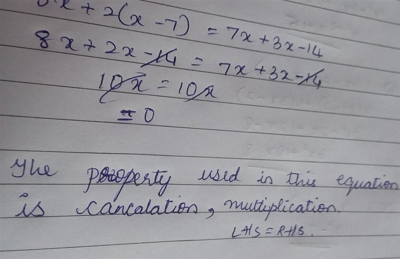 8x + 2(x − 7) = 7x + 3x − 14 Part A: Solve the equation and write the number of solutions-example-1