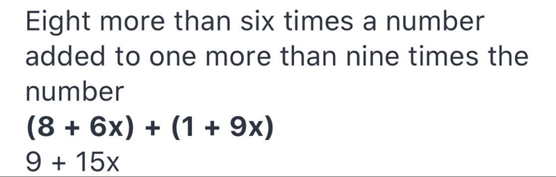 Eight more than the sum of six times a number and nine times a number add to one-example-1