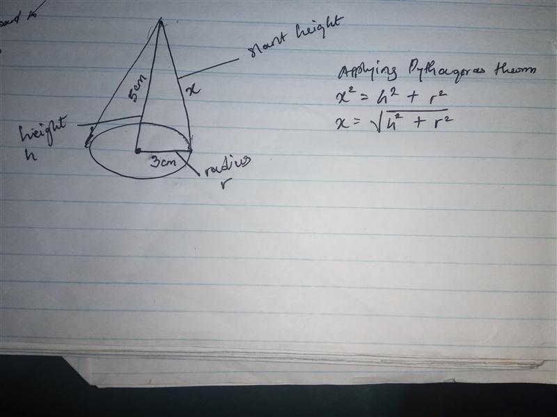 Find the slant height for a right circular cone with a radius of 3 and a height of-example-1