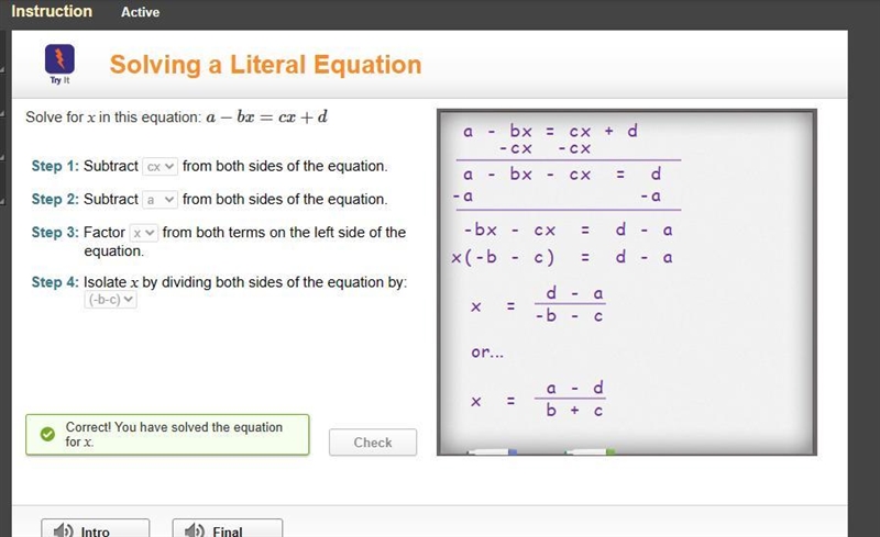 Solve for x in this equation: a - bx = cx + d-example-1