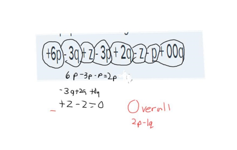 Help quick! i can't figure it out! +6p - 3q + z - 3p + 2q - z - p + 00q-example-1