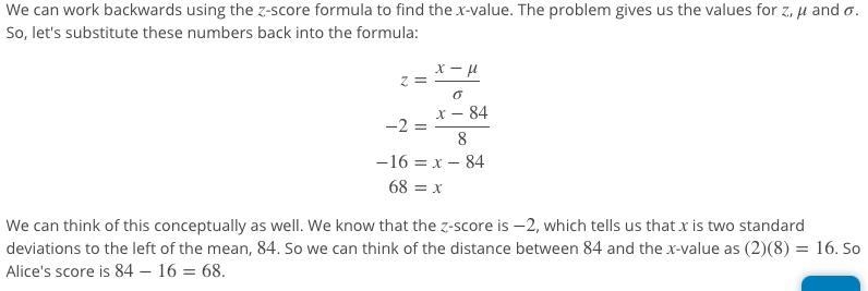 Alice was told that her reading test score was 1 standard deviation below the mean-example-1