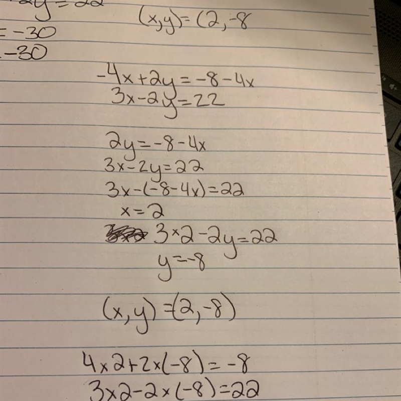 4x+2y=-8 3x-2y=22 x= y=​-example-1