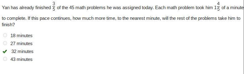 Yan has already finished 3/5 of the 45 math problems he was assigned today. Each math-example-1