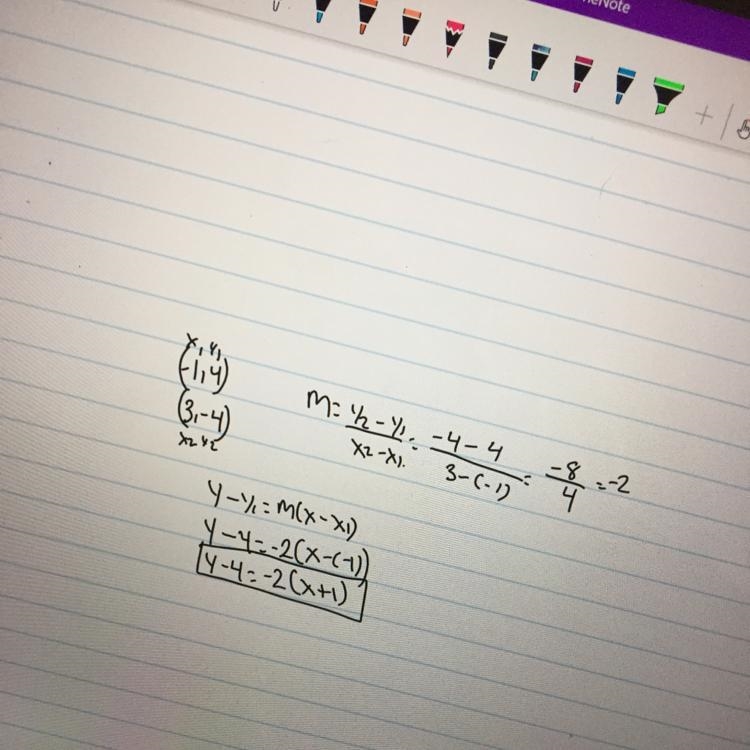 What is an equation in point-slope form for the line that passes through the points-example-1