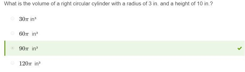 What is the volume of a right circular cylinder with a radius of 3 in, and a height-example-1