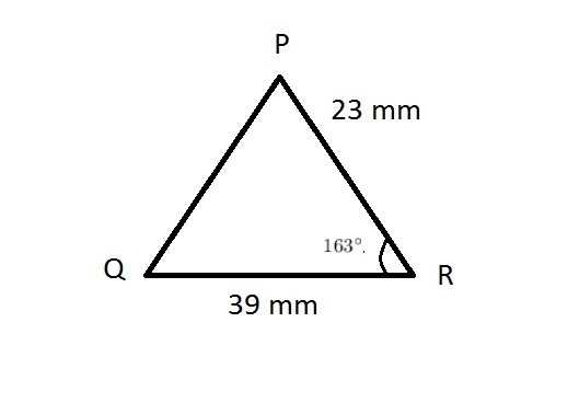 In triangle PQR, PR = 23mm, QR = 39mm, and m<R = 163 degrees. Find the area of-example-1