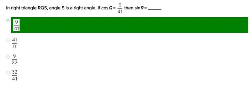 In right triangles rqs, angle s is right angle. if cosq=9/41 then sinr=-example-1