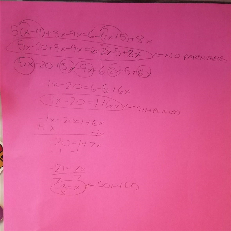 Use the distributive property to remove the parenthesis 5(x-4)+3x-9x=6-(2x+5)+8x-example-1