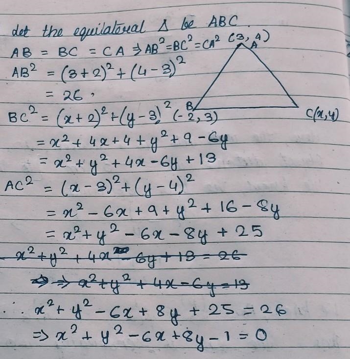 If two vertices of an equilateral triangle are the point (3,4) and (-2,3), find the-example-1