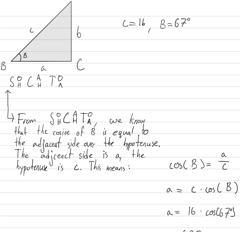 If c=16 and B=67 degrees, find a-example-1