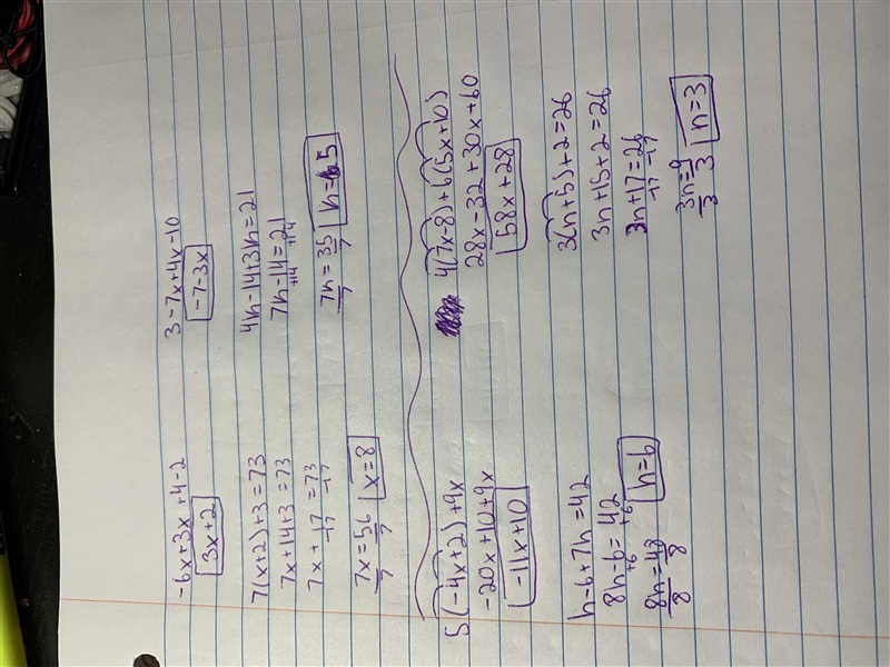 -6x+4+3x-2? 7(x + 2) + 3 = 73 3-7x+4x-10 4k-14+3k=21 5(-4x+2)+9x h-6+7h=42 4(7x-8) + 6(5x-example-1