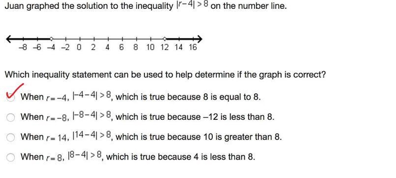 Juan graphed the solution to the inequality |r-4| > 8 on the number line.-example-1