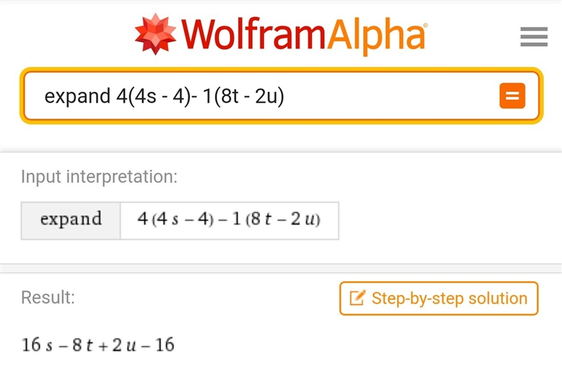 Clear parentheses by applying the distributive property. 4(4s - 4)- 1(8t - 2u)-example-2