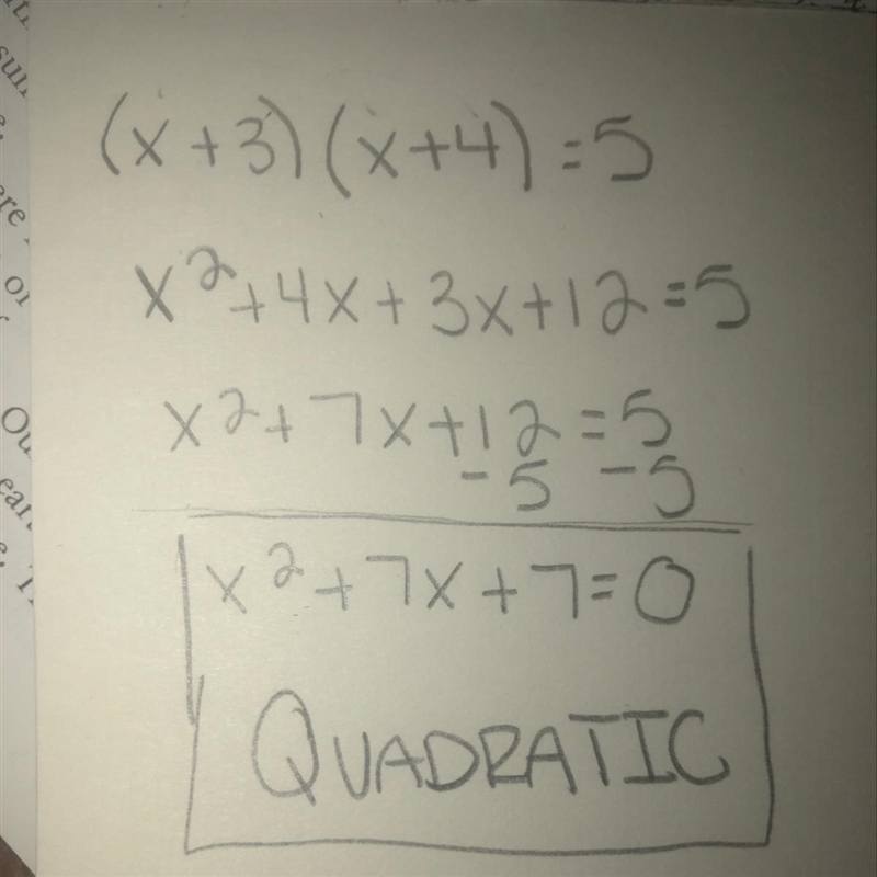 Which of the following equations is quadratic? O xX2 + 1) = 0 5(4x + 2) = 3 (x + 3)(x-example-1